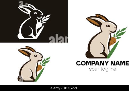 Charming Rabbit Logo Design mit Karotte und Blatt für Bio-Lebensmittel und PET Nutrition Marken Stock Vektor
