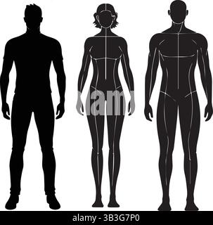 Ganzkörper männlich und weiblich Silhouette Vektor – stehende menschliche Figuren Illustration Stock Vektor
