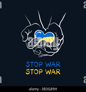 Rettet Die Ukraine. Stoppen Sie den Krieg. Blaues und gelbes Emblem, das Solidarität zeigt. Vektorgrafik auf schwarzem Hintergrund Stock Vektor