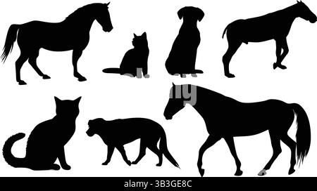 Vielfältige Sammlung von Silhouetten für Haustiere mit Pferden, Katzen und Hunden in verschiedenen Posen Stock Vektor