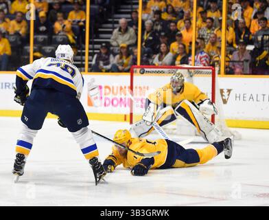 25. Februar 2018; Nashville TN, USA Nashville Predators Defenseman Mattias Ekholm (14) lenkt den Puck vom St. Louis Blues Defenseman Vince Dunn (29) ab, während der zweiten Periode zwischen den St Louis Blues gegen die Nashville Predators in der Bridgestone Arena. (Pflichtfoto: Steve Roberts/CSM)(Credit Image: &Copy; Steve Roberts/Cal Sport Media/CSM via ZUMA Wire) Stockfoto