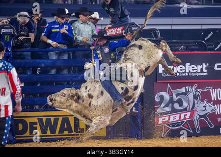 24. Februar 2018 - Arlington, Texas, USA - professionelle Bull Riders im Einsatz während des WinStar Casino and Resort Iron Cowboy Bull Riding Events im AT & T Stadion in Arlington, Texas. (Bild: © Dan Wozniak via ZUMA Wire) Stockfoto