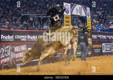 24. Februar 2018 - Arlington, Texas, USA - professionelle Bull Riders im Einsatz während des WinStar Casino and Resort Iron Cowboy Bull Riding Events im AT & T Stadion in Arlington, Texas. (Bild: © Dan Wozniak via ZUMA Wire) Stockfoto