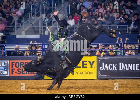 24. Februar 2018 - Arlington, Texas, USA - professionelle Bull Riders im Einsatz während des WinStar Casino and Resort Iron Cowboy Bull Riding Events im AT & T Stadion in Arlington, Texas. (Bild: © Dan Wozniak via ZUMA Wire) Stockfoto