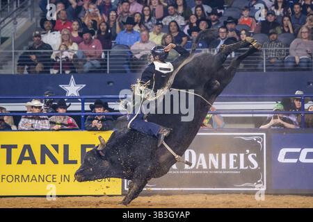 24. Februar 2018 - Arlington, Texas, USA - professionelle Bull Riders im Einsatz während des WinStar Casino and Resort Iron Cowboy Bull Riding Events im AT & T Stadion in Arlington, Texas. (Bild: © Dan Wozniak via ZUMA Wire) Stockfoto