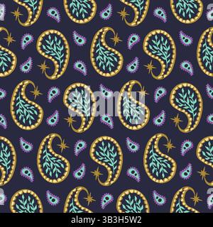 Nahtloses Muster mit Blumenpaisley auf dunkelblauem Hintergrund. Boho-Hintergrundbild wiederholen Stock Vektor