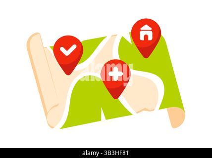 Karte mit roten Positionsstiften, die das Häkchen-, Plus- und Haussymbol anzeigen Stock Vektor