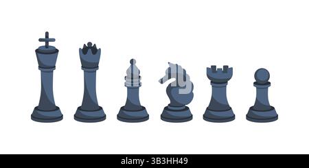 Vollständiger Satz dunkelgrauer Schachfiguren auf weißem Hintergrund Stock Vektor