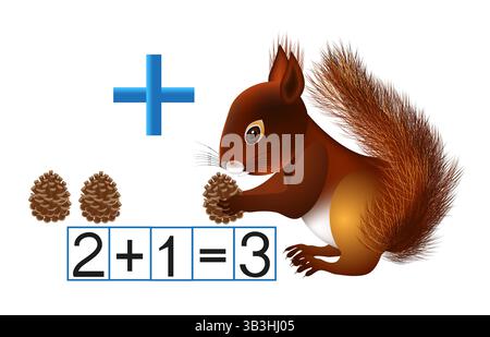Mathematische Vertrautheit mit dem Pluszeichen-Zusatz mit einem Eichhörnchen auf weißem Hintergrund. Stock Vektor
