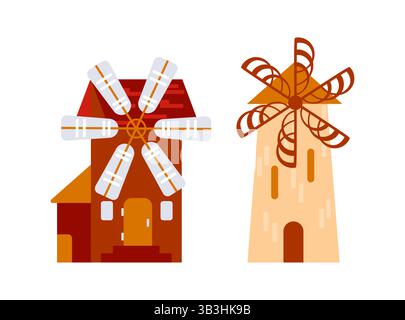 Traditionelle Windmühlen, die erneuerbare Energie auf dem Land erzeugen Stock Vektor