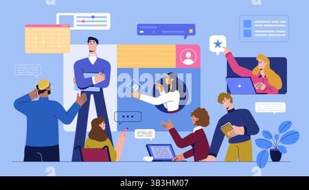 Vektorillustration für Fernarbeit oder Bildungskonzept. Flache Charaktere arbeiten, Online-Lernen oder haben Videokonferenzen, Internetkonferenzen, Fernwebinare oder Anrufe im Büro. Flexibler Arbeitsplatz Stock Vektor