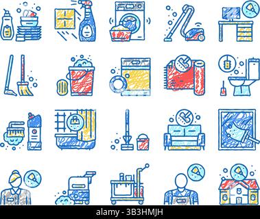 Handgezeichnete Symbole für Reinigungsset für Haushalte Stock Vektor