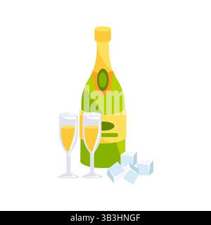 Sektflasche mit zwei Gläsern und Eiswürfeln bereit für die Feier Stock Vektor