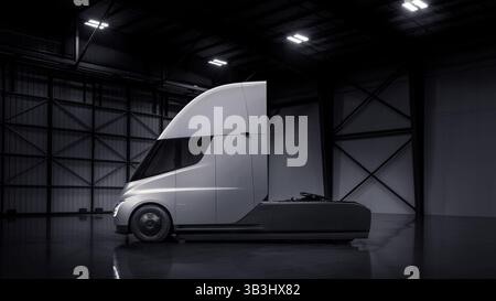 November 2017 - Hawthorne, Kalifornien, USA - Außendarstellung. E. Musk hat schon immer große Träume geträumt und heute Abend zeigte er seine größte Träumerei, den vollelektrischen Tesla Semi. Er wird von einem massiven Akku betrieben und kann 80.000 Pfund transportieren. Er kann 500 Meilen zwischen den Ladevorgängen umherwandern. Es fährt sogar selbst, zumindest auf der Autobahn. Musk verspricht, dass die Produktion 2019 beginnen wird. Das große Bohrfahrzeug, das Musk am Donnerstagabend im Hauptquartier von SpaceX in Hawthorne, Kalifornien, vorgestellt hat, ist nur der letzte Schritt in seiner Mission, die Menschheit dazu zu bringen, fossile Brennstoffe zu vernichten und zu akzeptieren Stockfoto
