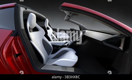November 2017 - Hawthorne, Kalifornien, USA - Innenansicht in roter Farbe auf der Straße. Tesla Motors 2020 Roadster. E. Musk behauptet, es sei das schnellste Serienfahrzeug, das je gebaut wurde. Das Basismodell kann in 1,9 Sekunden von 0 auf 60 Meilen pro Stunde fahren, was ein Rekord wäre. In 4 Sekunden geht es 0 bis 100 Meilen pro Stunde. Es wird einen Akku mit 200 Kilowattstunden haben und 620 km mit einer einzigen Ladung fahren können. Die ersten 1.000 Fahrzeuge Kosten jeweils 250.000 US-Dollar, die vollständig im Voraus bezahlt werden, wobei die späteren Modelle ab 200 000 US-Dollar anfangen. (Kreditbild: © Tesla Motors/ZUMA Wire/ZUMAPRESS. Stockfoto