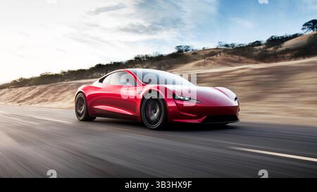 November 2017 – Hawthorne, Kalifornien, USA – Vorderansicht in roter Farbe im Freien auf der Straße. Tesla Motors 2020 Roadster. E. Musk behauptet, es sei das schnellste Serienfahrzeug, das je gebaut wurde. Das Basismodell kann in 1,9 Sekunden von 0 auf 60 Meilen pro Stunde fahren, was ein Rekord wäre. In 4 Sekunden geht es 0 bis 100 Meilen pro Stunde. Es wird einen Akku mit 200 Kilowattstunden haben und 620 km mit einer einzigen Ladung fahren können. Die ersten 1.000 Fahrzeuge Kosten jeweils 250.000 US-Dollar, die vollständig im Voraus bezahlt werden, wobei die späteren Modelle ab 200 000 US-Dollar anfangen. (Kreditbild: © Tesla Motors via ZUMA Wire) Stockfoto