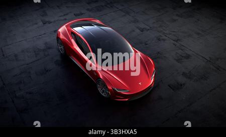 16. November 2017 - Hawthorne, Kalifornien, USA - Blick von oben Targa ist im Freien in roter Farbe auf der Straße geschlossen. Tesla Motors 2020 Roadster. E. Musk behauptet, es sei das schnellste Serienfahrzeug, das je gebaut wurde. Das Basismodell kann in 1,9 Sekunden von 0 auf 60 Meilen pro Stunde fahren, was ein Rekord wäre. In 4 Sekunden geht es 0 bis 100 Meilen pro Stunde. Es wird einen Akku mit 200 Kilowattstunden haben und 620 km mit einer einzigen Ladung fahren können. Die ersten 1.000 Fahrzeuge Kosten jeweils 250.000 US-Dollar, die vollständig im Voraus bezahlt werden, wobei die späteren Modelle ab 200 000 US-Dollar anfangen. (Kreditbild: © Tesla Motors/ZUMA Wire/ZU Stockfoto