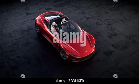 16. November 2017 - Hawthorne, Kalifornien, USA - Draufsicht Targa ist in roter Farbe auf der Straße geöffnet. Tesla Motors 2020 Roadster. E. Musk behauptet, es sei das schnellste Serienfahrzeug, das je gebaut wurde. Das Basismodell kann in 1,9 Sekunden von 0 auf 60 Meilen pro Stunde fahren, was ein Rekord wäre. In 4 Sekunden geht es 0 bis 100 Meilen pro Stunde. Es wird einen Akku mit 200 Kilowattstunden haben und 620 km mit einer einzigen Ladung fahren können. Die ersten 1.000 Fahrzeuge Kosten jeweils 250.000 US-Dollar, die vollständig im Voraus bezahlt werden, wobei die späteren Modelle ab 200 000 US-Dollar anfangen. (Kreditbild: © Tesla Motors via ZUMA Wire) Stockfoto