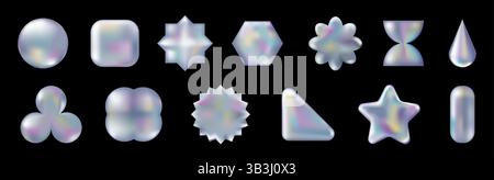 3D-holografischer geometrischer Retro-Formsatz. Verchromtes Dreieck, Kreis, Stern und abstrakte Formen isoliert auf Schwarz. Ästhetik der Zukunft, 3D-Chrom-Blasenkunst. Aufkleberset aus glänzendem Metall. Stock Vektor