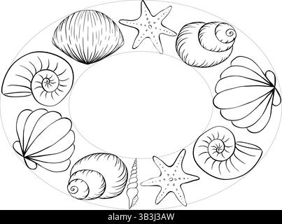 Ovaler Rahmen für Text aus Muschel. Vektorgrafik Strichfarbe Illustration Freihandzeichnung, Skizzenstil. Banner, Poster, Geschenkpapier, Aufkleber, Stock Vektor