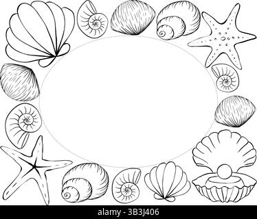 Muscheln, Seesterne ovale Rechteckrahmenvorlage für Text. Abbildung der grafischen Vektorfarbe. Meeresbewohner und Muscheln bilden einen quadratischen Rahmen. Für Stock Vektor