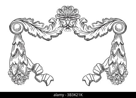 Handzeichnung verziertes barockes Blumenelement. Graviertes horizontales Vintage-Ornament. Isolierte monochrome Vektorillustration auf weißem Hintergrund Stock Vektor
