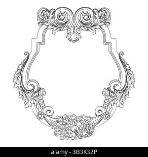 Handzeichnung kunstvoll verzierter barocker Blumenrahmen. Graviertes horizontales Vintage-Designelement. Isolierte monochrome Vektorillustration auf weißem Hintergrund. F Stock Vektor