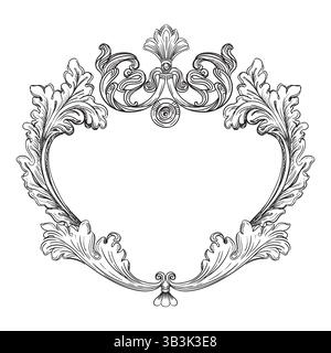Handzeichnung kunstvoller barocker Rahmen, Rand. Graviertes Damastmuster, Vintage-Ornament. Isolierte monochrome Vektorillustration auf weißem Hintergrund. F Stock Vektor