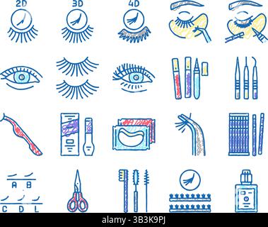 Wimpern Verlängerung Set Symbole handgezeichnet Stock Vektor