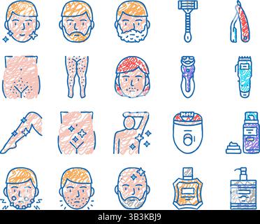 Zubehörset für Rasierbehandlungen Symbole von Hand gezeichnet Stock Vektor