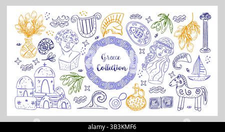 Griechenland Sammlung handgezeichnete Linien Kreide und Holzkohlevektor mediterrane Illustrationen inspiriert von griechischer Architektur, Statuen, Olivenzweige Stock Vektor