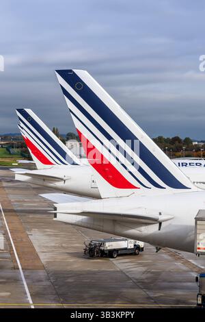 Air France Flugzeuge Leitwerke Flughafen Charles de Gaulle in Paris, Frankreich Paris, Frankreich - 21. Oktober 2024: Flugzeuge Leitwerke der Air France auf dem Flughafen Charles de Gaulle in Paris. *** Air France Flugzeugheck Charles de Gaulle Flughafen Paris, Frankreich 21. Oktober 2024 Air France Flugzeugheck am Flughafen Charles de Gaulle in Paris, Frankreich Stockfoto