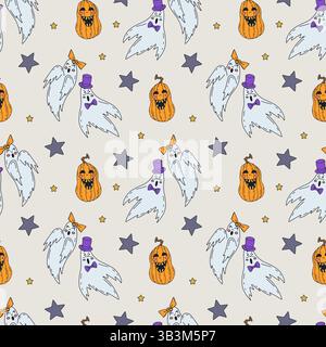Nahtloses Muster mit niedlichem handgezeichnetem Halloween-Geisterpaar Stock Vektor