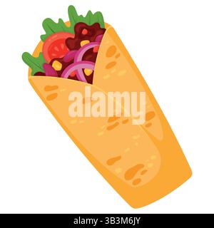 Leckere Burrito-Zeichentrickillustration isoliert auf weißem Hintergrund. Mexikanischer Fast-Food-Snack, Streetfood zum Mitnehmen Tex mex-Mahlzeit. Tortilla Roll Stock Vektor