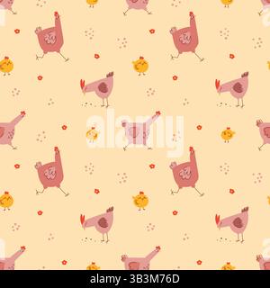 Süßes Hühner und Huhn nahtloses Muster mit Körnern und Blumen. Bauernhoftiere Hintergrund in einem verspielten handgezeichneten Stil. Perfekt für Kinder Stock Vektor