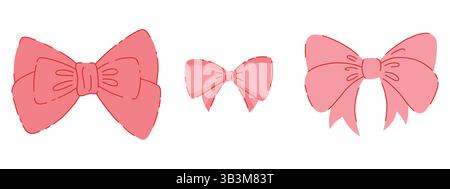 Set von handgezeichneten Illustrationen mit rosafarbenen Schleifen. Kollektion von Satine Bowknot für Geschenke, Present Knots, Wrap Pack und Hairstyle Stock Vektor