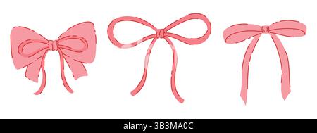 Set aus eleganten, handgezeichneten Illustrationen mit rosafarbenem Band. Kollektion von Satine Bowknot für Geschenke, Present Knots, Wrap Pack und Hairstyle Stock Vektor