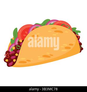Leckere Tacos-Zeichentrickillustration isoliert auf weißem Hintergrund. Mexikanischer Fast-Food-Snack, Streetfood zum Mitnehmen Tex mex-Mahlzeit. Tortilla-Sandwich Stock Vektor