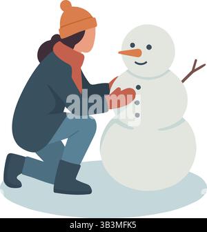 Person, die an einem verschneiten Tag einen Schneemann baut und Winterkleidung trägt. Stock Vektor