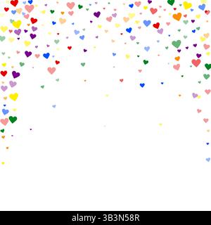 Fallende Herzen valentinskarte Vorlage. Regenbogenfarbene verstreute Herzen. LGBT-valentinskarte. Chaotisch fallende Herzen Vektor-Illustration. Stock Vektor