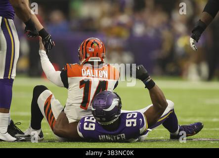 17. Dezember 2017 - Minneapolis, MN, USA - Minnesota Vikings Defensive End Danielle Hunter (99) sprang seinen ersten, nachdem er Cincinnati Bengals Quarterback Andy Dalton (14) für eine 9-Yard-Niederlage im zweiten Quartal am Sonntag, 17. Dezember 2017 im U.S. Bank Stadium in Minneapolis, Minn. (Kreditbild: © Jeff Wheeler/TNS via ZUMA Wire) entlassen hatte) Stockfoto