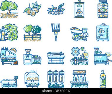 Symbole für Olivenproduktion und Ernte handgezeichnet Stock Vektor