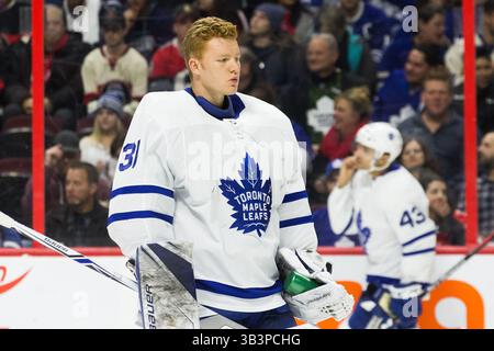 20. Januar 2018: Toronto Maple Leafs Torhüter Frederik Andersen (31) vor dem NHL-Spiel zwischen Toronto Maple Leafs und Ottawa Senators im Canadian Tire Centre in Ottawa, Kanada. Daniel Lea/CSM (Kreditbild: &Copy; Daniel Lea/CSM via ZUMA Wire) Stockfoto