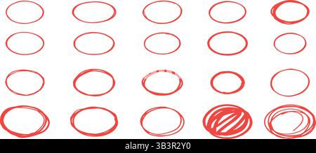 Handgezeichnetes Rotes Kreisrahmenset – Skizzierte Ovale Highlights, Doodle-Randelemente, Rau Gezeichnete Akzentmarken Stock Vektor