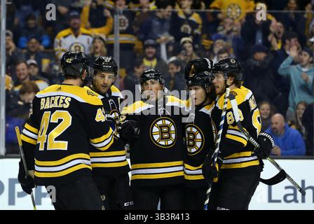 Dezember 2017; Boston, MA, USA; Boston Bruins Linksflügel Brad Marchand (63) feiert mit Boston Bruins Rechtsflügel David Backes (42), Boston Bruins Zentrum Patrice Bergeron (37), Boston Bruins Verteidiger Torey Krug (47) und Boston Bruins Rechtsflügel David Pastrnak (88), nachdem er während eines Spiels zwischen den Detroit Red Wings und Boston Bruins im TD Garden ein Tor geschossen hatte. Boston besiegte Detroit mit 3:1. Anthony Nesmith/CSM(Credit Image: &Copy; Anthony Nesmith/CSM via ZUMA Wire) Stockfoto