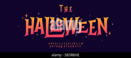 Halloween-Fantasy-Schriftart, gruselige Serifenbuchstaben, leuchtendes gotisches Alphabet mit festlicher Note, magischer Retro-Vibe für unheimliches visuelles Branding, Horror-Party Stock Vektor