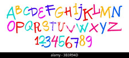 Vektorstilisierte künstlerische Schriftart. Handgezeichnetes Alphabet, von A bis Z und Zahlen von 0 bis 9. Aus Markierungsstrichen. Schön realistisch, zerkratzt Stock Vektor