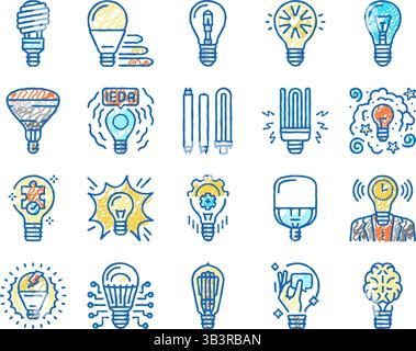 Leuchtmittel elektrische Energie Zubehör Symbole handgezeichnet Stock Vektor