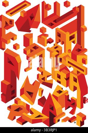 Isometrische arabische Typografie in leuchtenden roten und orangen geometrischen Blöcken, die eine moderne abstrakte Komposition mit kultureller und architektonischer Tiefe schaffen. Stock Vektor