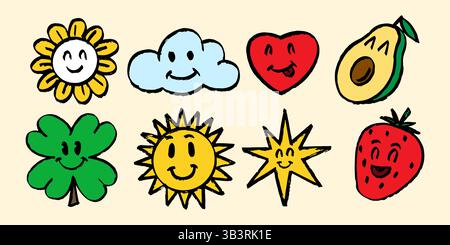 Karikatur-Kawaii-Früchte, Blumen und Wolken mit Gesichtern. Sun Grunge drückt Emoji mit verschiedenen Emotionen aus. Süße Avocado und Klee handgezeichnet Stock Vektor